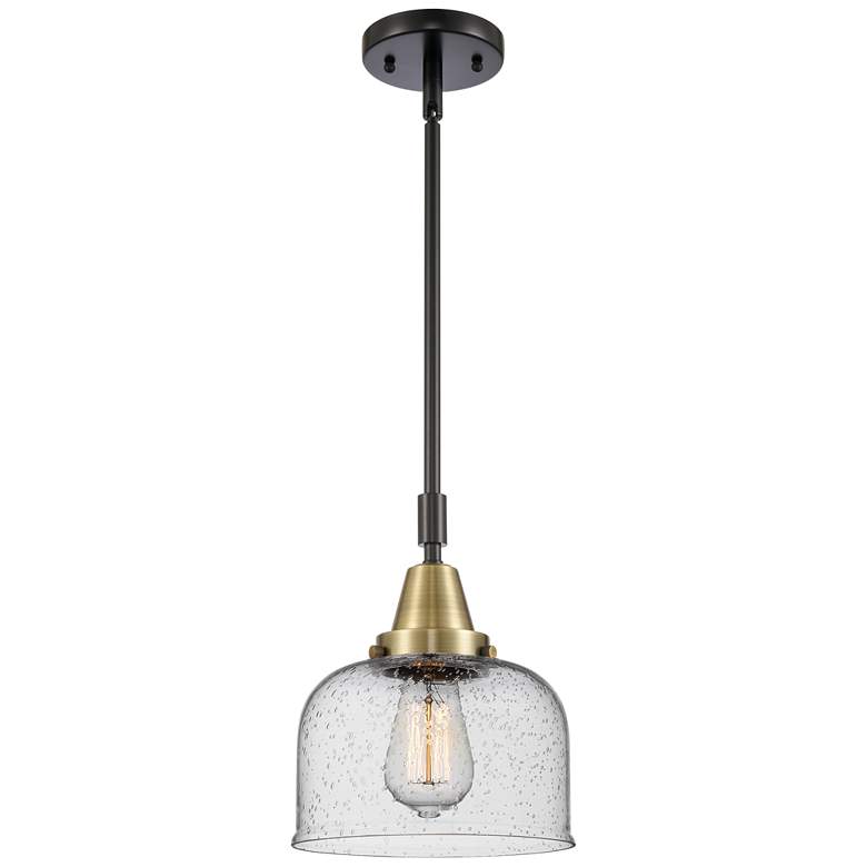 Image 1 Caden Bell 8" Wide Black Brass Stem Hung Mini Pendant w/ Seedy Shade