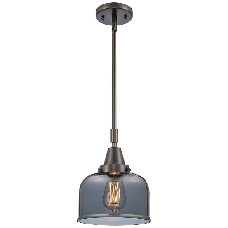 Image 1 Caden Bell 8" Wide Bronze Stem Hung Mini Pendant w/ Plated Smoke Shade