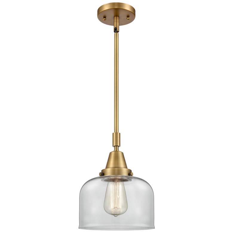 Image 1 Caden Bell 8" Wide Brushed Brass Stem Hung Mini Pendant w/ Clear Shade