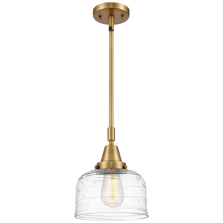 Image 1 Caden Bell 8" Wide Brushed Brass Stem Hung Mini Pendant w/ Deco Swirl