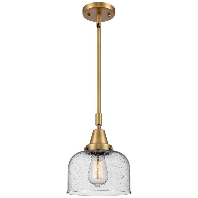 Image 1 Caden Bell 8" Wide Brushed Brass Stem Hung Mini Pendant w/ Seedy Shade