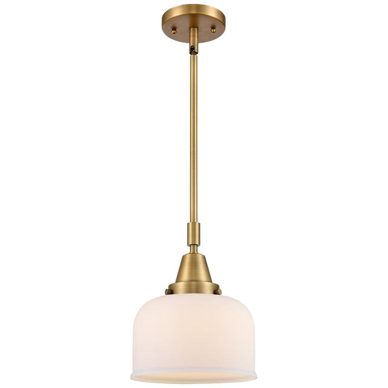 Image 1 Caden Bell 8" Wide Brushed Brass Stem Hung Mini Pendant w/ White Shade
