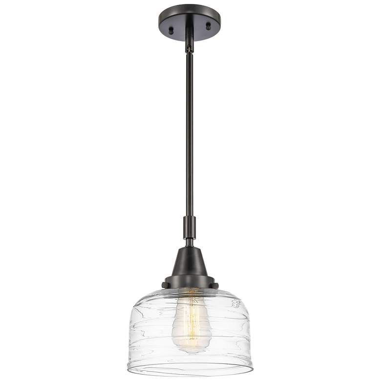 Image 1 Caden Bell 8" Wide Matte Black Stem Hung Mini Pendant w/ Deco Swirl Sh