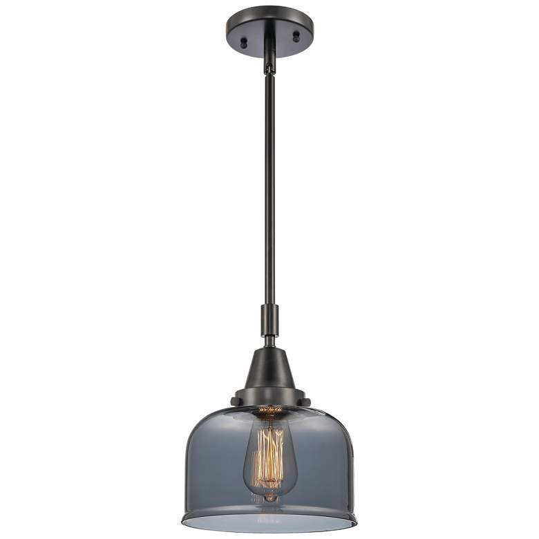 Image 1 Caden Bell 8" Wide Matte Black Stem Hung Mini Pendant w/ Plated Smoke
