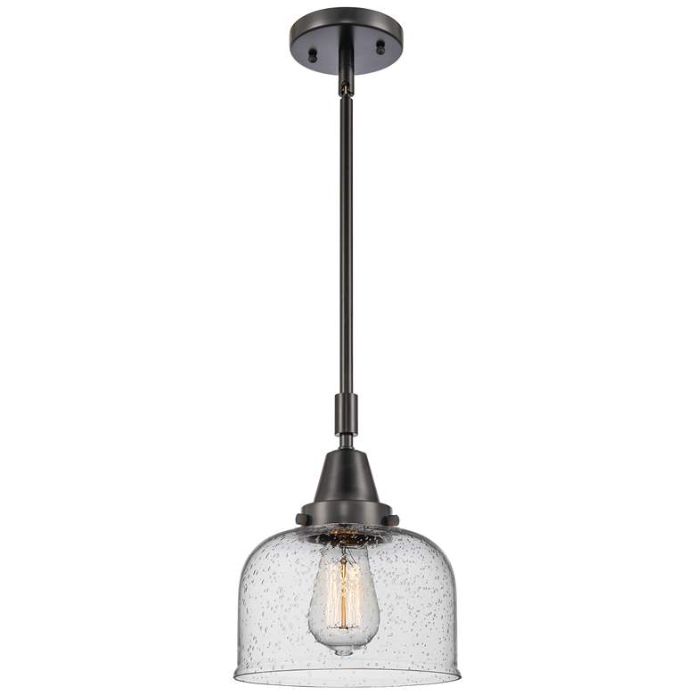 Image 1 Caden Bell 8" Wide Matte Black Stem Hung Mini Pendant w/ Seedy Shade