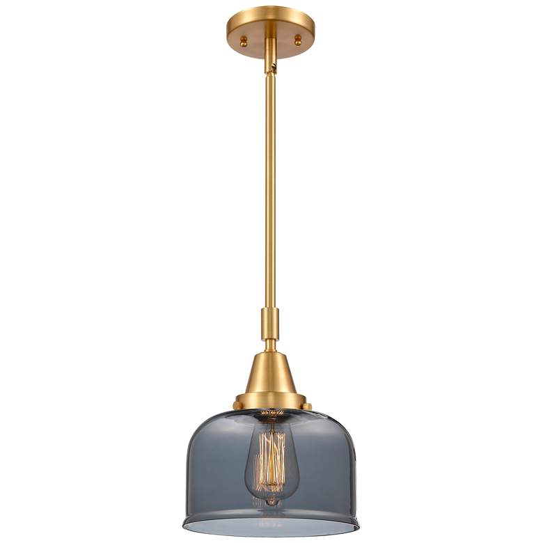 Image 1 Caden Bell 8" Wide Satin Gold Stem Hung Mini Pendant w/ Plated Smoke S