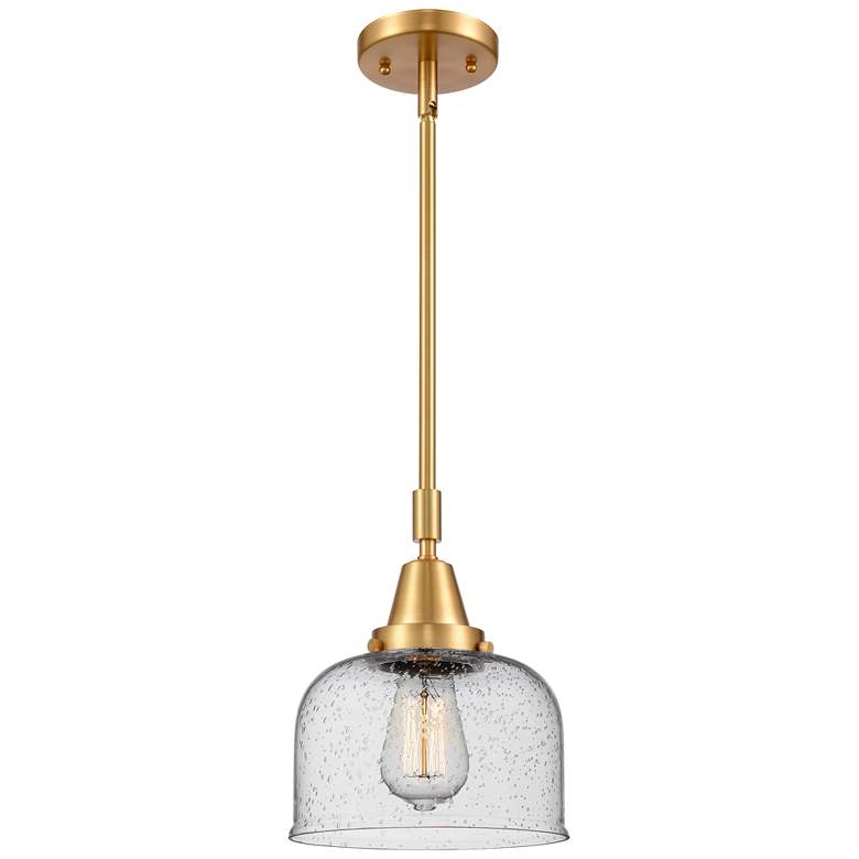 Image 1 Caden Bell 8" Wide Satin Gold Stem Hung Mini Pendant w/ Seedy Shade