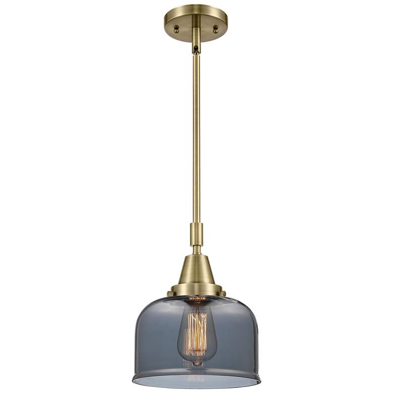 Image 1 Caden Bell 8"W Antique Brass Stem Hung Mini Pendant w/ Plated Smoke Sh
