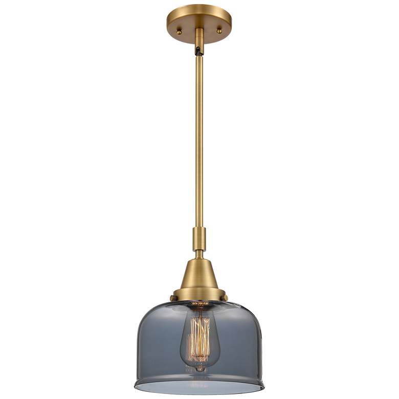 Image 1 Caden Bell 8"W Brushed Brass Stem Hung Mini Pendant w/ Plated Smoke Sh