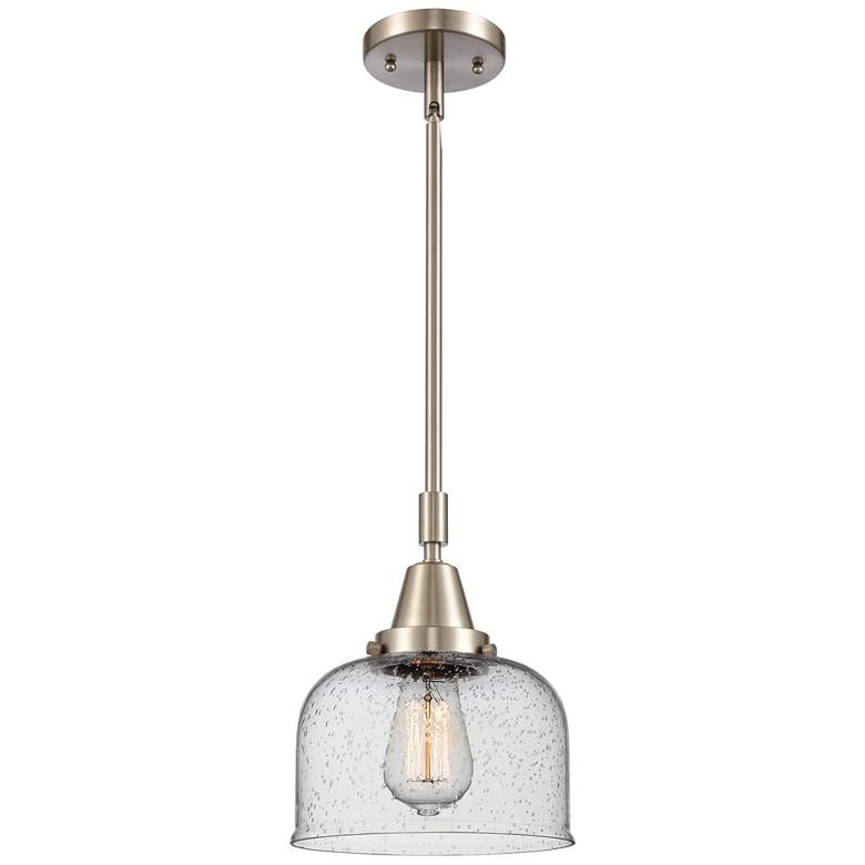 Image 1 Caden Bell 8"W Brushed Satin Nickel Stem Hung Mini Pendant w/ Seedy Sh