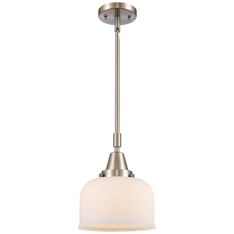 Image 1 Caden Bell 8"W Brushed Satin Nickel Stem Hung Mini Pendant w/ White Sh
