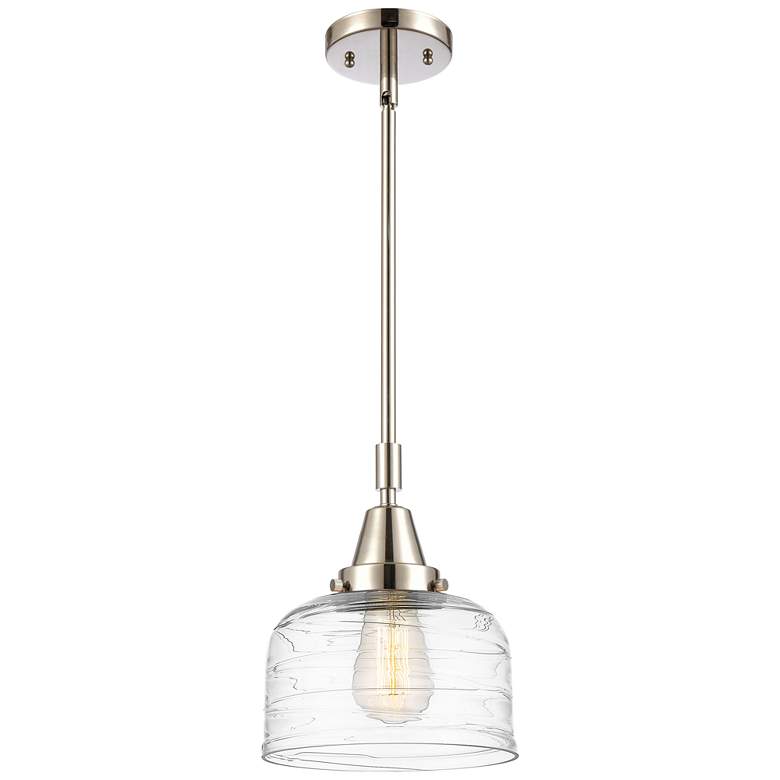 Image 1 Caden Bell 8"W Polished Nickel Stem Hung Mini Pendant w/ Deco Swirl Sh