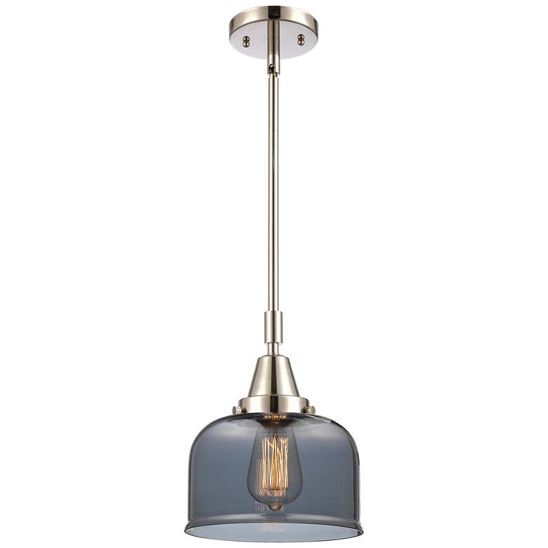 Image 1 Caden Bell 8 inchW Polished Nickel Stem Hung Mini Pendant w/ Plated Smoke 