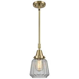 Image1 of Caden Chatham 7" Wide Antique Brass Stem Hung Mini Pendant w/ Clear Sh