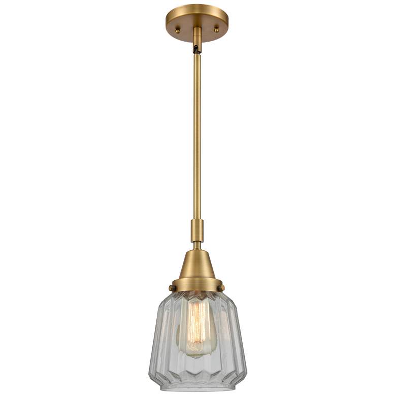 Image 1 Caden Chatham 7" Wide Brushed Brass Stem Hung Mini Pendant w/ Clear Sh