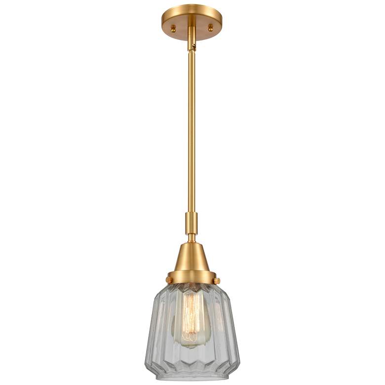 Image 1 Caden Chatham 7 inch Wide Satin Gold Stem Hung Mini Pendant w/ Clear Shade