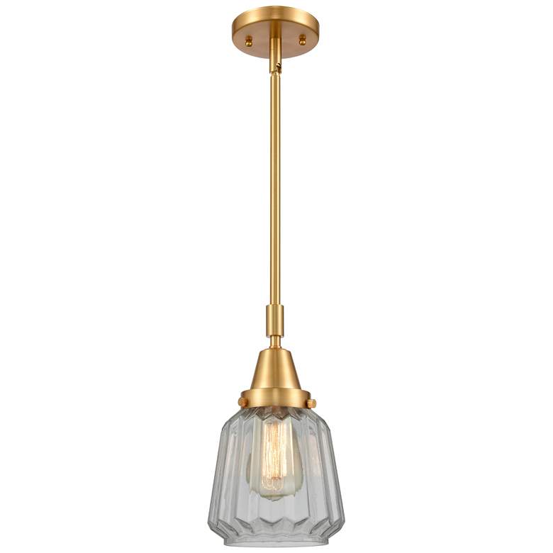 Image 1 Caden Chatham 7" Wide Satin Gold Stem Hung Mini Pendant w/ Clear Shade
