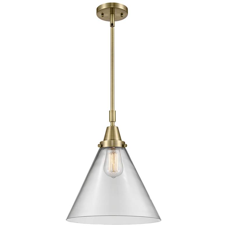 Image 1 Caden Cone 12" Wide Antique Brass Stem Hung Mini Pendant w/ Clear Shad