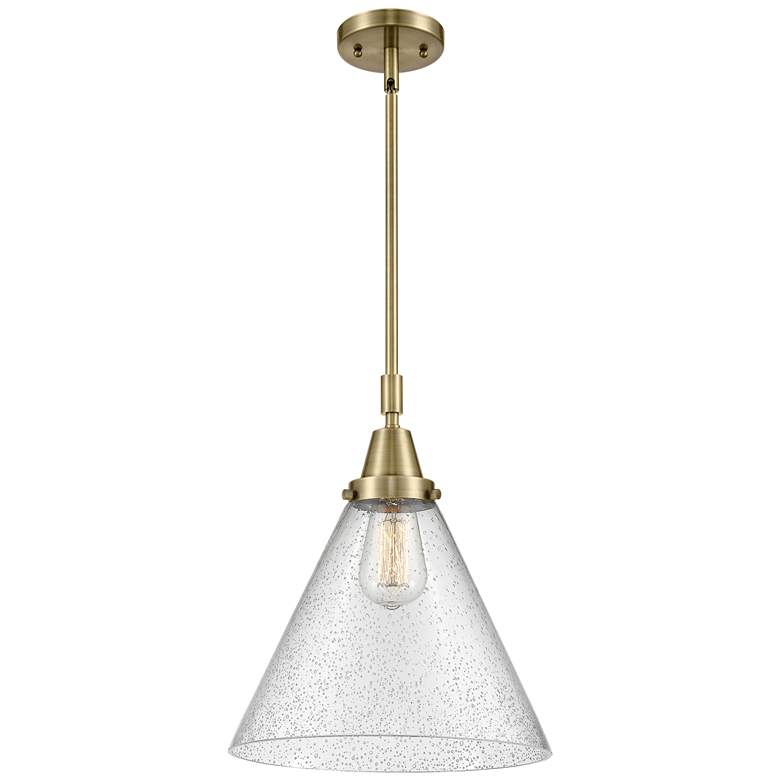 Image 1 Caden Cone 12" Wide Antique Brass Stem Hung Mini Pendant w/ Seedy Shad