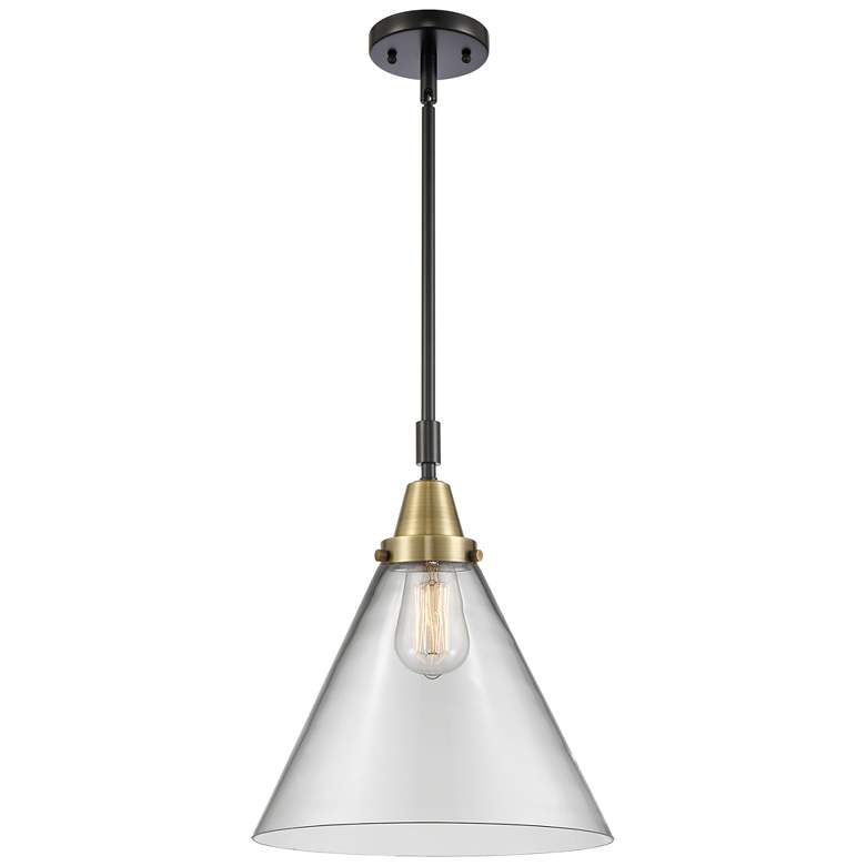 Image 1 Caden Cone 12" Wide Black Brass Stem Hung Mini Pendant w/ Clear Shade
