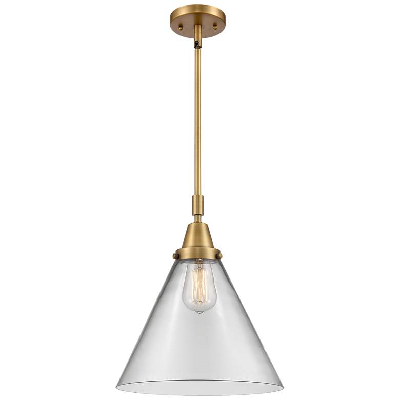Image 1 Caden Cone 12" Wide Brushed Brass Stem Hung Mini Pendant w/ Clear Shad