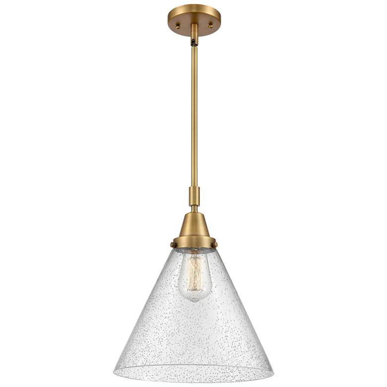 Image 1 Caden Cone 12" Wide Brushed Brass Stem Hung Mini Pendant w/ Seedy Shad