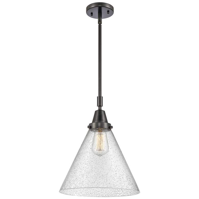 Image 1 Caden Cone 12" Wide Matte Black Stem Hung Mini Pendant w/ Seedy Shade