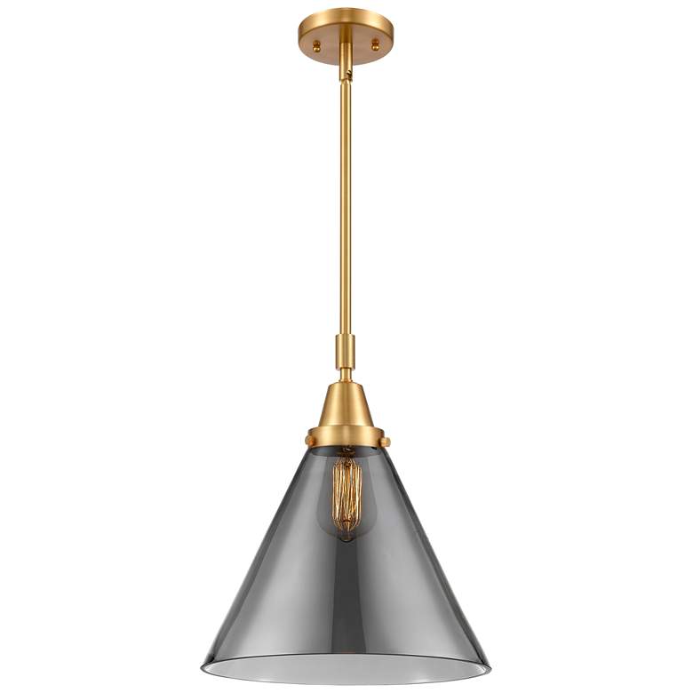 Image 1 Caden Cone 12" Wide Satin Gold Stem Hung Mini Pendant w/ Plated Smoke