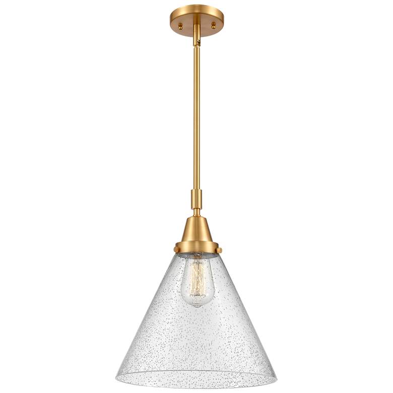 Image 1 Caden Cone 12" Wide Satin Gold Stem Hung Mini Pendant w/ Seedy Shade