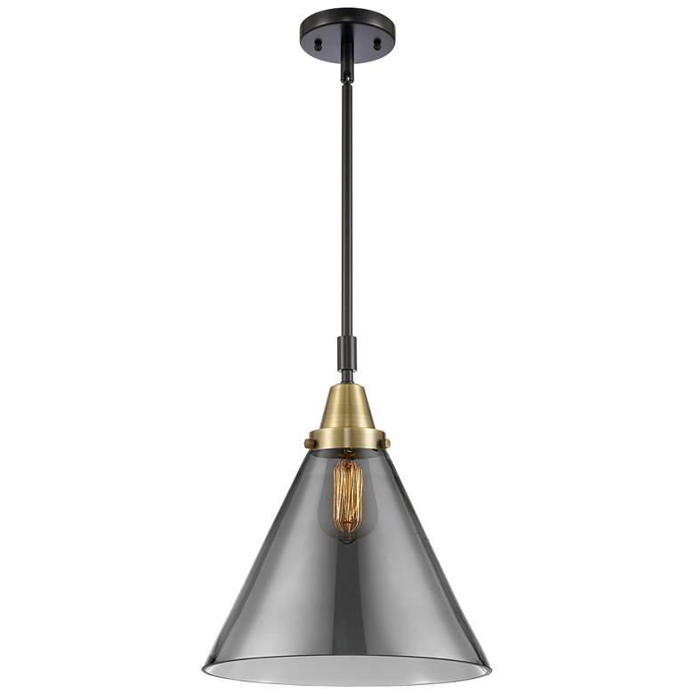 Image 1 Caden Cone 12"W Black Brass Stem Hung Mini Pendant w/ Plated Smoke Sha