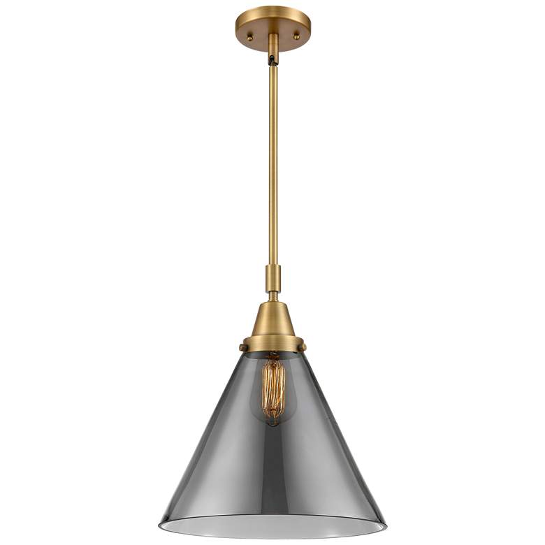 Image 1 Caden Cone 12"W Brushed Brass Stem Hung Mini Pendant w/ Plated Smoke S