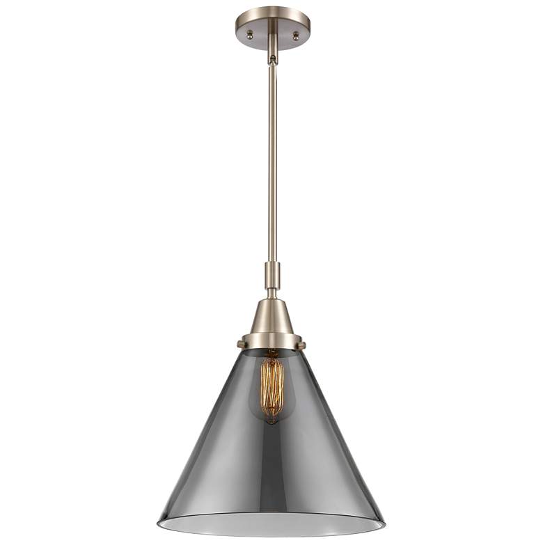 Image 1 Caden Cone 12"W Brushed Nickel Stem Hung Mini Pendant w/ Smoke Shade