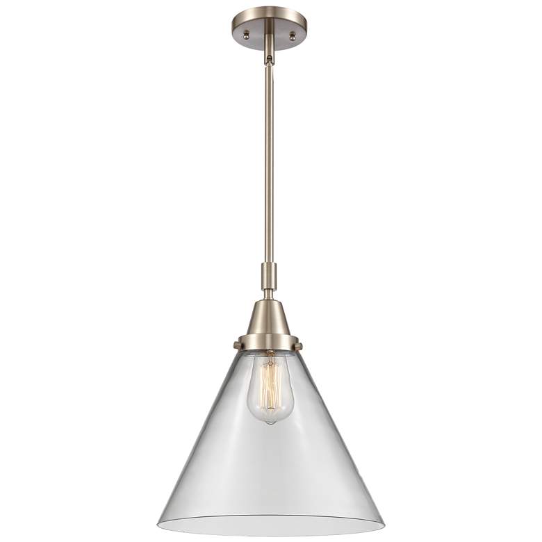 Image 1 Caden Cone 12"W Brushed Satin Nickel Stem Hung Mini Pendant w/ Clear S
