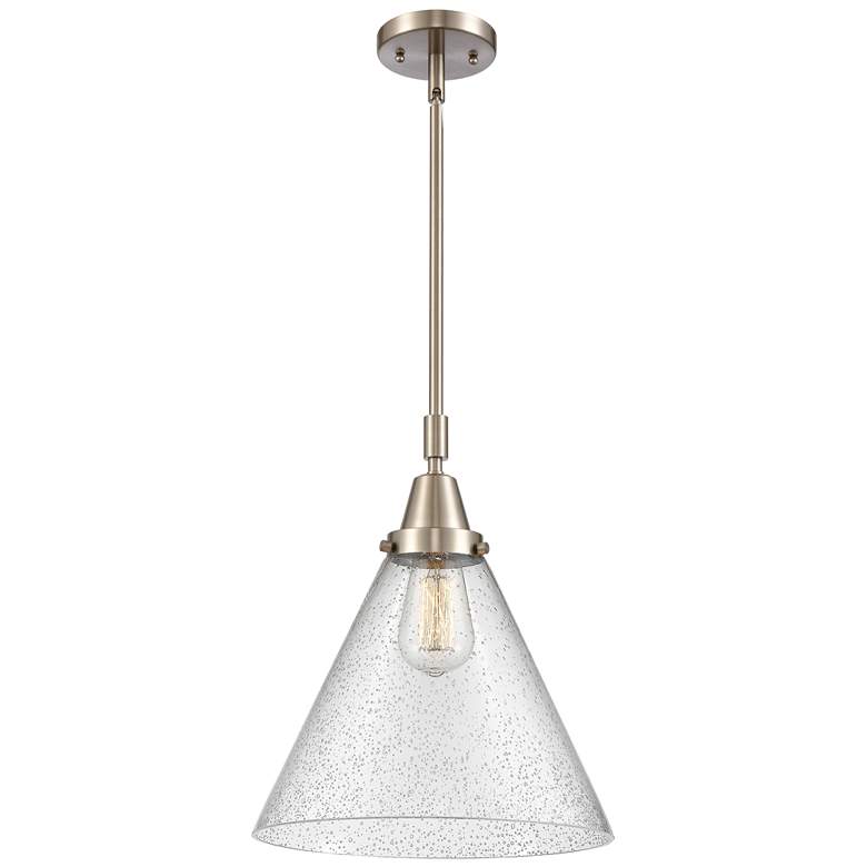 Image 1 Caden Cone 12"W Brushed Satin Nickel Stem Hung Mini Pendant w/ Seedy S