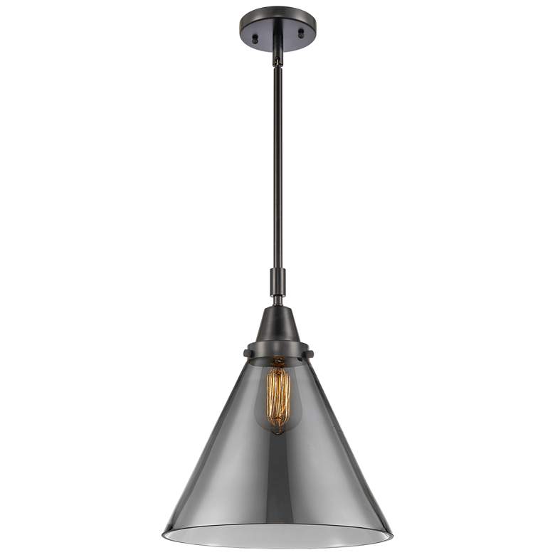 Image 1 Caden Cone 12"W Matte Black Stem Hung Mini Pendant w/ Plated Smoke Sha