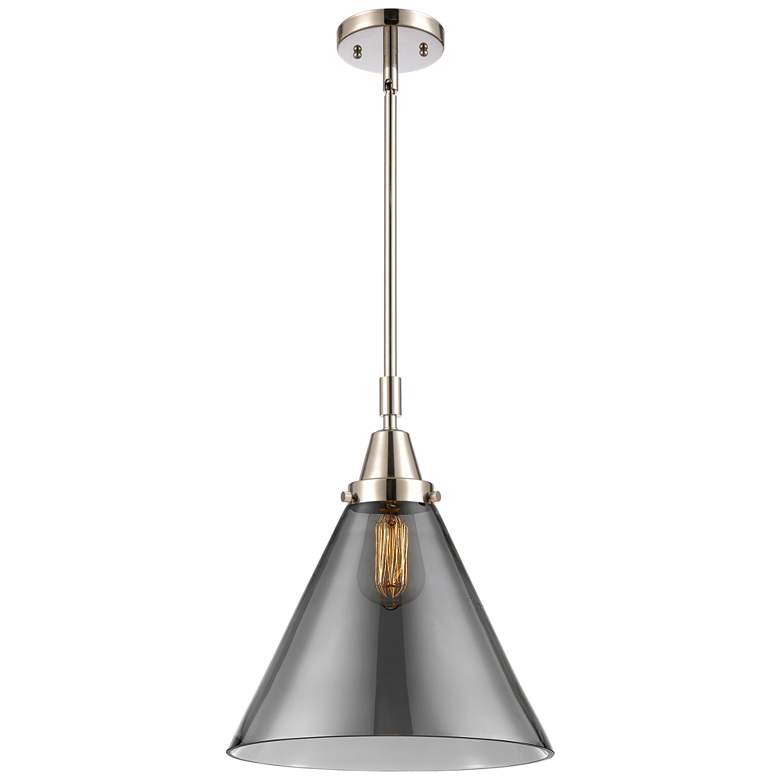 Image 1 Caden Cone 12"W Polished Nickel Stem Hung Mini Pendant w/ Smoke Shade