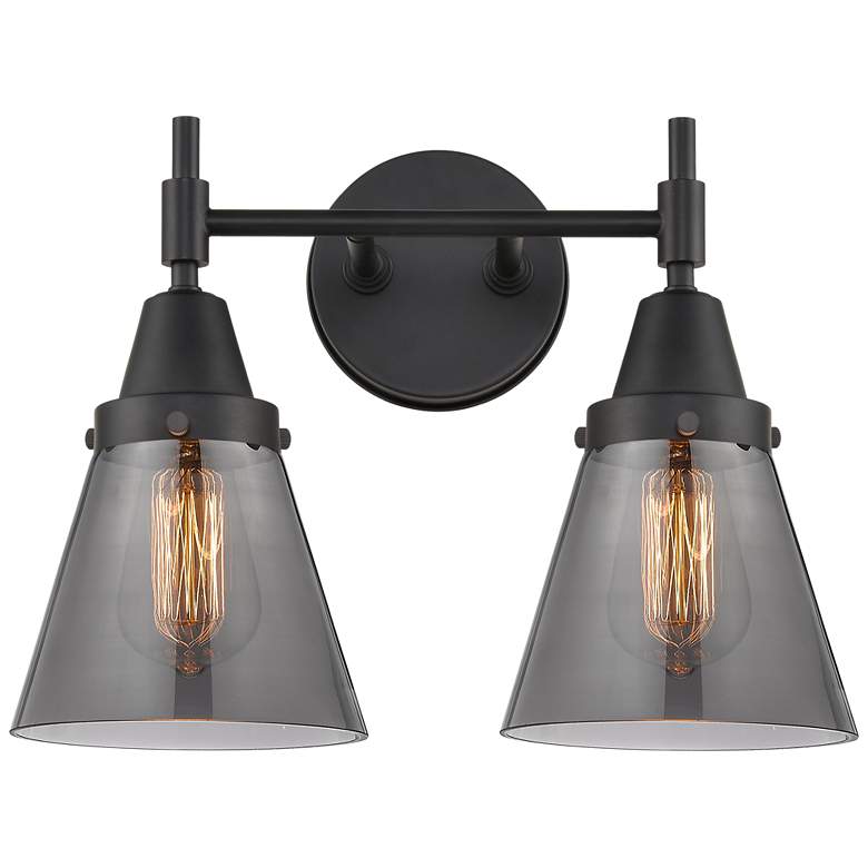 Image 1 Caden Cone 15.25"W 2 Light Matte Black Bath Light w/ Smoke Shade