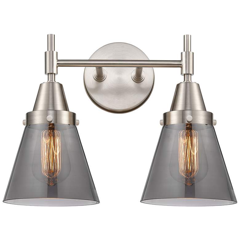 Image 1 Caden Cone 15.25"W 2 Light Satin Nickel Bath Light w/ Smoke Shade