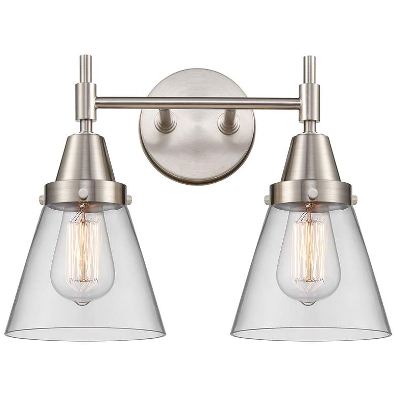 Image 1 Caden Cone 15.25 inchW 2 Light Satin Nickel Bath Vanity Light w/ Clear Sha