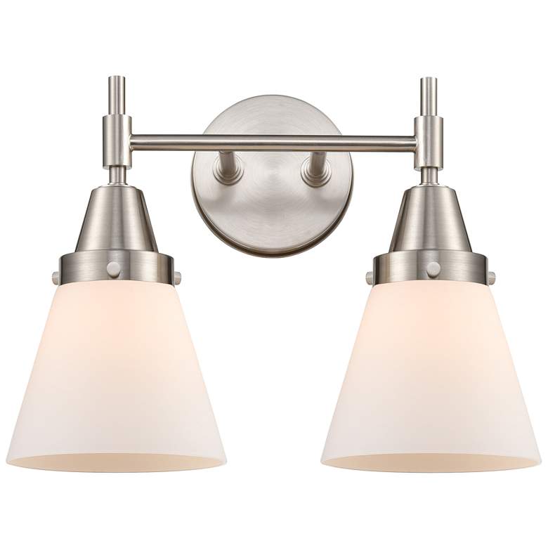 Image 1 Caden Cone 15.25"W 2 Light Satin Nickel Bath Vanity Light w/ White Sha