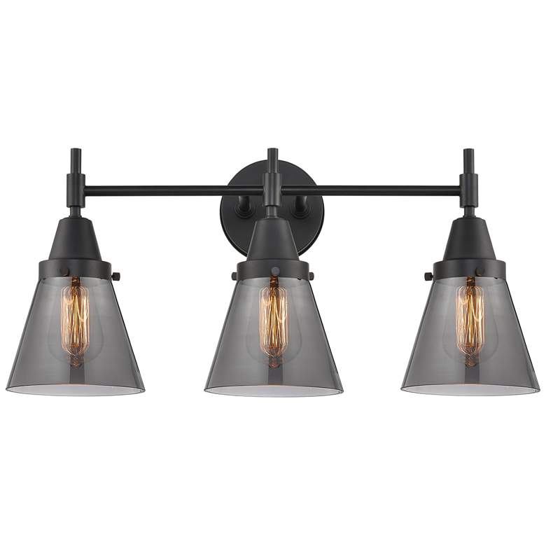 Image 1 Caden Cone 24.25"W 3 Light Matte Black Bath Light w/ Smoke Shade