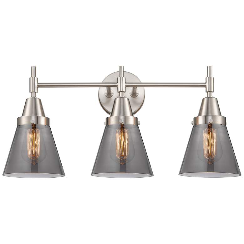 Image 1 Caden Cone 24.25"W 3 Light Satin Nickel Bath Light w/ Smoke Shade