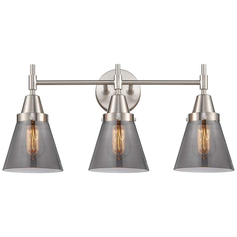 Image 1 Caden Cone 24.25 inchW 3 Light Satin Nickel Bath Light w/ Smoke Shade