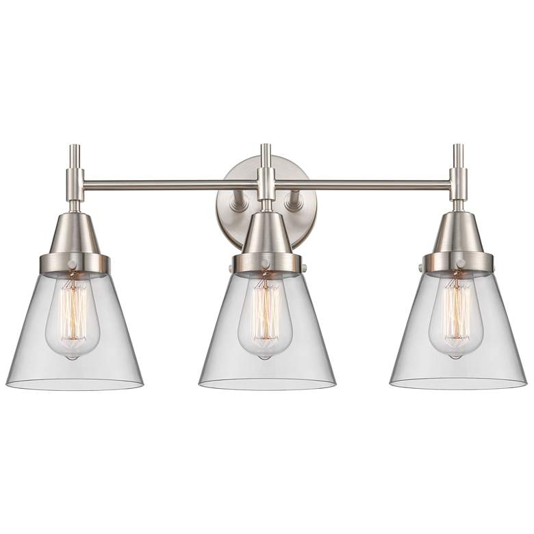 Image 1 Caden Cone 24.25"W 3 Light Satin Nickel Bath Vanity Light w/ Clear Sha