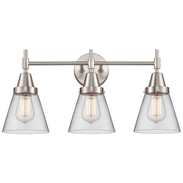 Image 1 Caden Cone 24.25 inchW 3 Light Satin Nickel Bath Vanity Light w/ Clear Sha