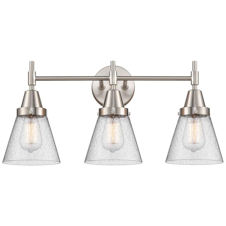 Image 1 Caden Cone 24.25"W 3 Light Satin Nickel Bath Vanity Light w/ Seedy Sha