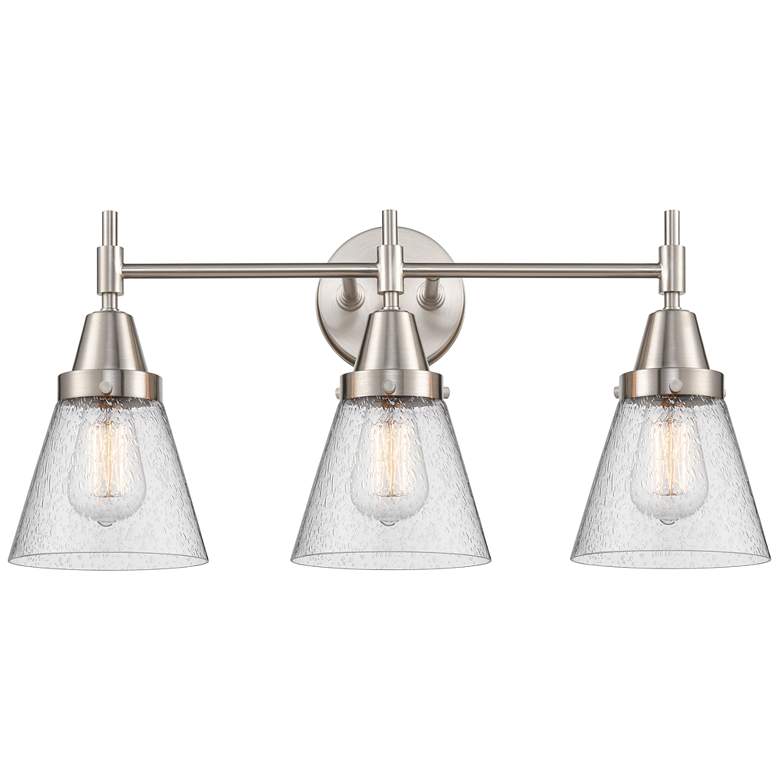 Image 1 Caden Cone 24.25 inchW 3 Light Satin Nickel Bath Vanity Light w/ Seedy Sha