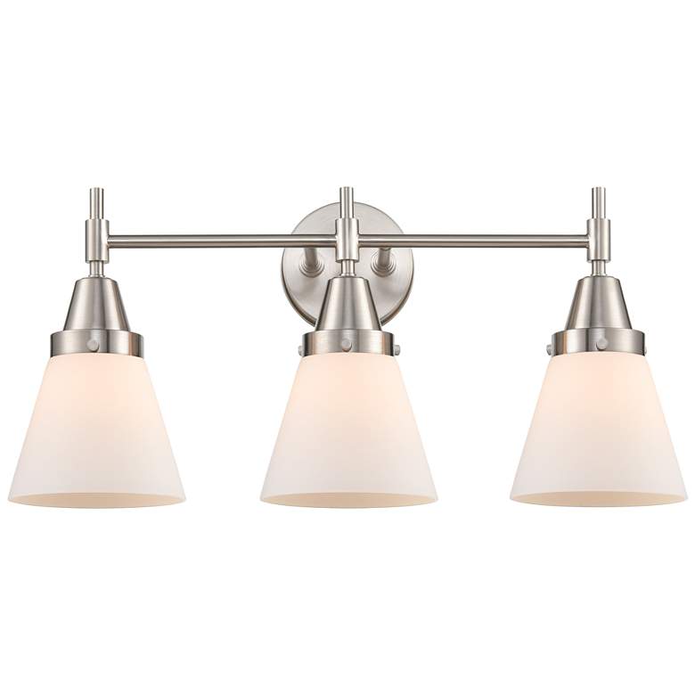 Image 1 Caden Cone 24.25"W 3 Light Satin Nickel Bath Vanity Light w/ White Sha