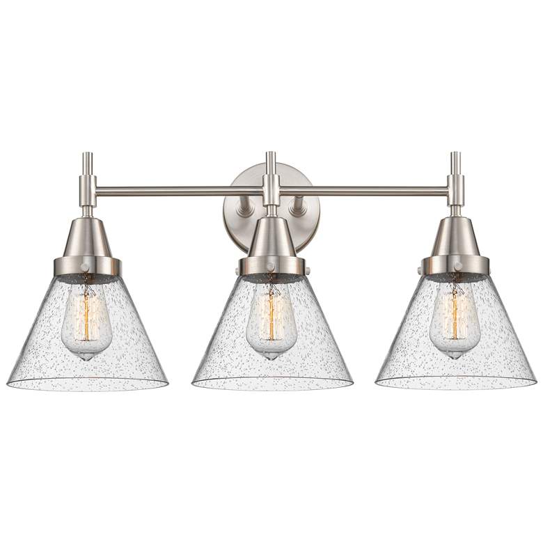 Image 1 Caden Cone 25.75"W 3 Light Satin Nickel Bath Vanity Light w/ Seedy Sha