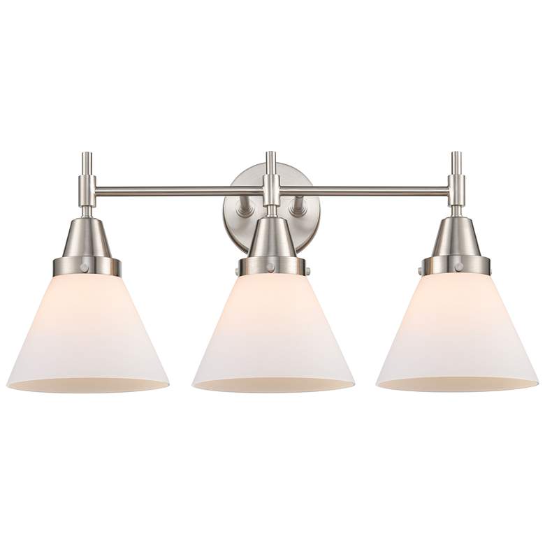Image 1 Caden Cone 25.75"W 3 Light Satin Nickel Bath Vanity Light w/ White Sha